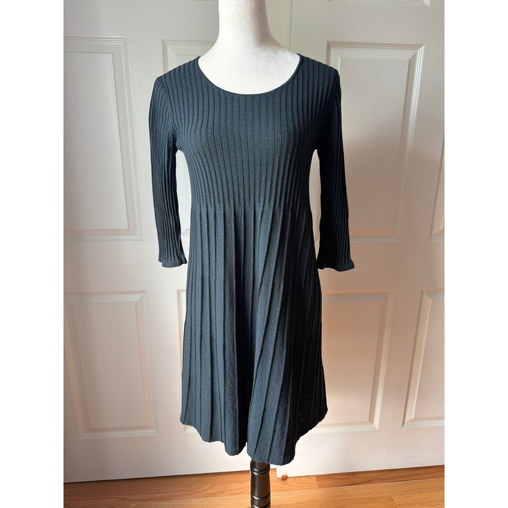 Eileen Fisher 100% Merino Wool Dress Womens XS Black Ribbed Knit Fit Flare Mini